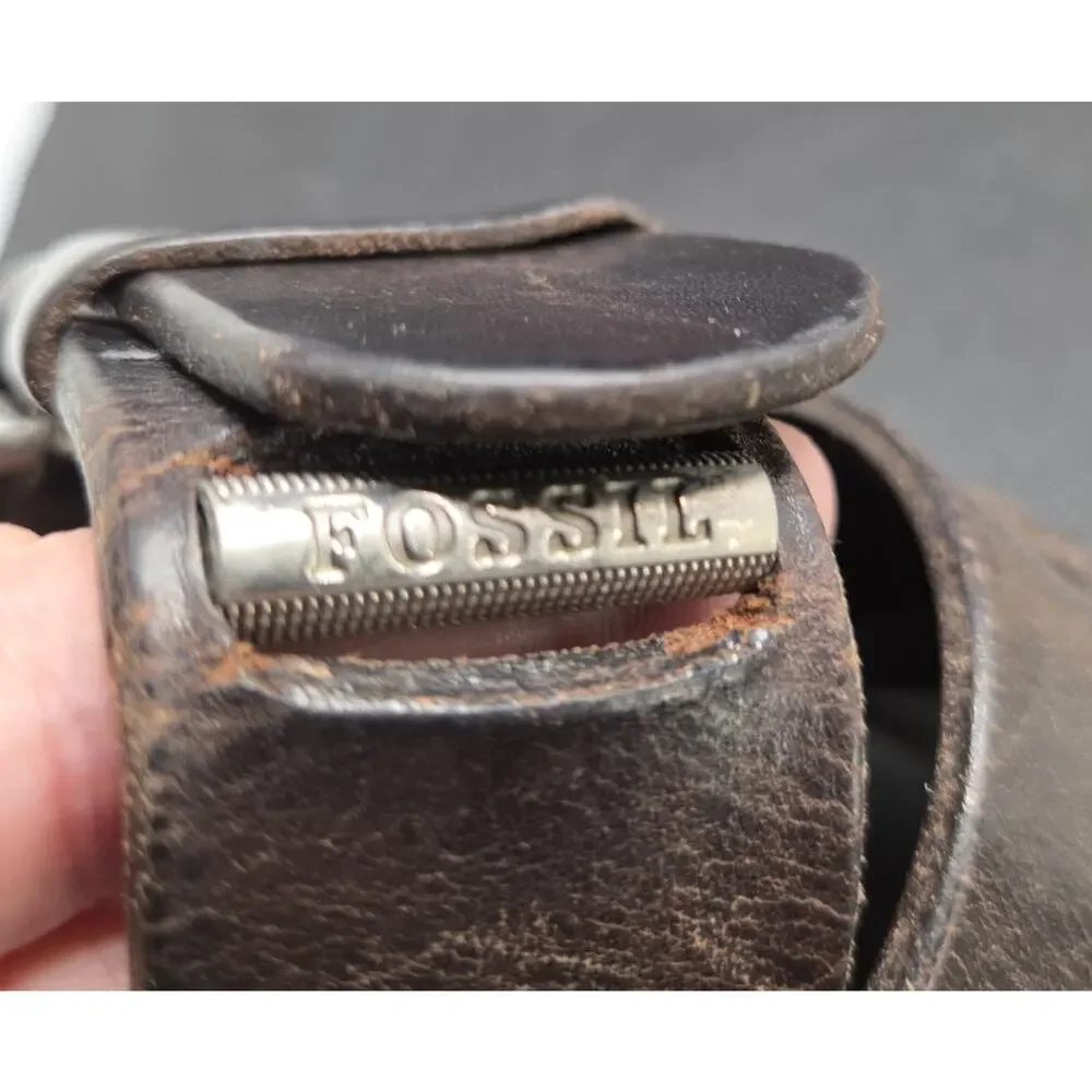 Fossil Men's Vtg Distressed Thick Cowhide Leather Belt Dark Brown Sz 38 - 1.5